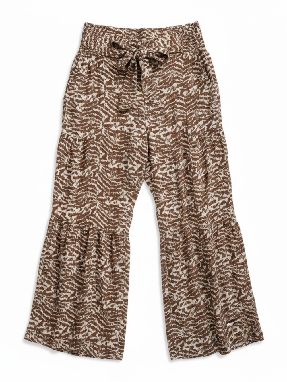 Stitch & Feather Wide Leg Palazzo Tropical Pants in Taupe Brown / Off White